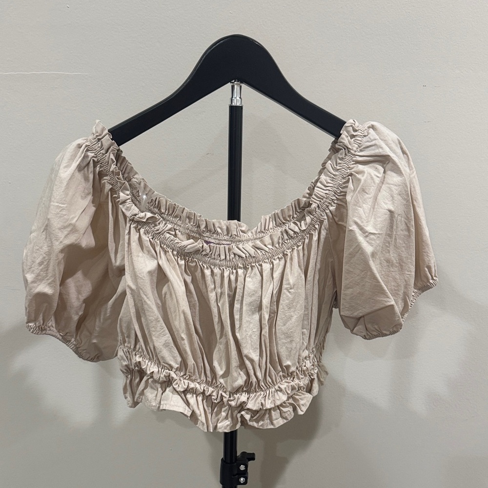 Ci Sono Beige Off-Shoulder Ruffle Crop Top